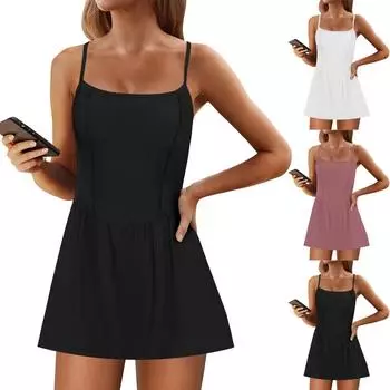 Теннисное платье для женщин со встроенными шортами Женские спортивные платья Активные тренировки Платье-юбка с карманами L бежевый