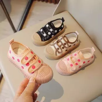 Теннисные туфли для девочек из парусины 2024 года, весна-осень, новые милые детские туфли в горошек, простые и универсальные повседневные туфли, легкие туфли для девочек 21 insole13.5cm чёрный