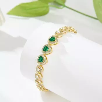 Теннисный браслет из меди с зеленым белым сердцем и цирконием 14 каратного золота золотой