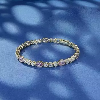 Теннисный браслет, позолота 18 карат, не тускнеет, водонепроницаемый, с круглым овальным белым розовым цирконом диаметром 5 мм