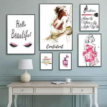 Теперь мода искусство картина маслом цветок платье мода леди духи ресницы макияж холст девушка спальня домашний интерьер настенная живопись без рамки 21*30cm No Frame