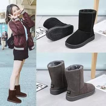 Теперь женская обувь из овчины и шерсти, зимние утолщенные теплые повседневные короткие ботинки из воловьей кожи на плоской подошве, короткие женские туфли-трубы 6