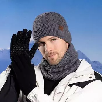 Теплая бархатная шапка, перчатки, шарф, комплект, зимняя, морозостойкая, шерстяная шапка, европейская и американская, мужская вязаная шапка Average size