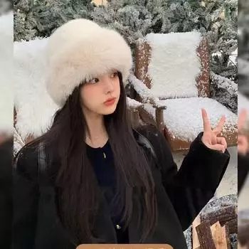 «Теплая белая плюшевая монгольская шапка для женщин, осенне-зимняя, защита от холода, рыболовная шапка из меха лисы» Pure color Mongolian hat [brown] коричневый