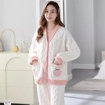 Теплая фланелевая пижама, комплект из 2 предметов, пижамный костюм с V-образным вырезом, милый розовый персиковый топ и брюки для женщин, осень-зима, новая домашняя одежда для дома M персиковый