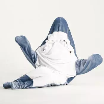 Теплая фланелевая пижама-одеяло, домашний костюм, пижама с изображением акулы из мультфильма, унисекс, игровой костюм для детей и родителей, забавная домашняя одежда с капюшоном для пижамной вечеринки M синий