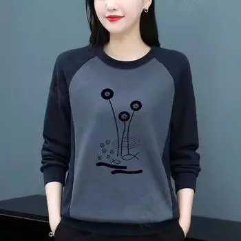 Теплая футболка с круглым вырезом и длинным рукавом, женская блузка с принтом в стиле пэчворк, женская футболка, свободный повседневный свитер для женщин среднего возраста XXXL красный