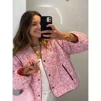 Теплая хлопковая куртка с цветочным принтом и лоскутным узором, модная женская куртка с круглым вырезом и шнуровкой, свободная женская верхняя одежда S розовый