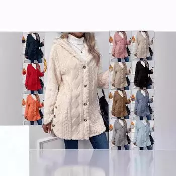 Теплая и модная куртка-кардиган с капюшоном из плюша в форме ромба для женщин из Европы и Америки на осень и зиму 2024 года S слоновая кость