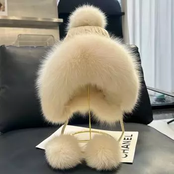 Теплая и мягкая вязаная шапка с натуральным лисьим мехом, защитой для ушей и шариком с помпоном. One Size белый