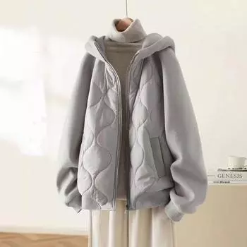 Теплая и утолщенная хлопковая одежда с капюшоном, женская одежда больших размеров, зимнее новое свободное и тонкое пальто 2024 года S серый