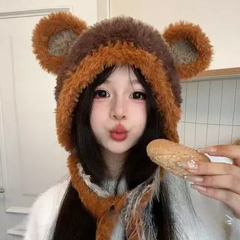 Теплая искусственная меховая панама, плюшевая женская пушистая шапка, осенняя, милая, с медвежьими ушками, уличная коричневый