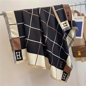 Теплая клетчатая шаль с кисточками на ощупь из кашемира: Универсальный, защищающий от холода шарф и одеяло 122x128cm чёрный/бежевый