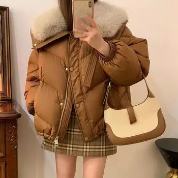 Теплая короткая хлопковая куртка свободного кроя в корейском стиле с модным меховым воротником S хаки