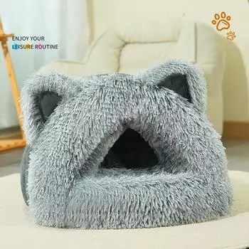 Теплая кошачья будка с плюшевыми кошачьими ушками, большой шарф, будка для домашних животных, товары для животных, подходящие для всех сезонов и зимы M 50*42*30cm