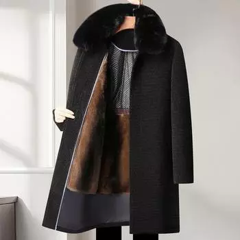 Теплая куртка из шенилла средней и длинной длины с подкладкой из флиса и лацканами для деловых людей среднего и пожилого возраста 170 кофейный