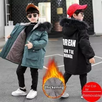 Теплая куртка-парка на флисовой подкладке для мальчиков. Пуховик средней длины для мальчиков. 120cm чёрный