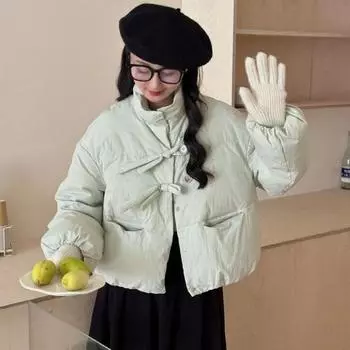 Теплая куртка-пуховик на пуговицах женская короткая зимняя 2024 года, маленькая свободная белая куртка-пуховик для женщин S (90-60 kg) грязно-белый