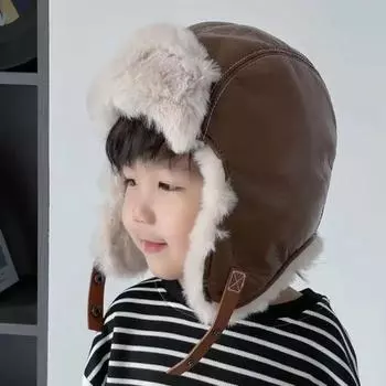 Теплая лыжная шапка с очками из искусственной кожи для детей, плюшевая пилотная шапка, модная зимняя темно-синий