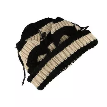 Теплая милая шапка с кошачьими ушками, вязаная крючком шапка, новый дизайн, вязаная полосатая шапка, уличная одежда M-Beige Black