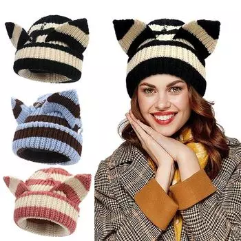 Теплая милая шапка с кошачьими ушками, забавная вязаная крючком шапка, модная вязаная полосатая шапка для женщин M-Beige Black