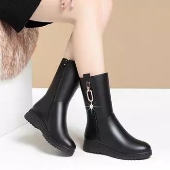 Теплая обувь для мам на флисовой подкладке, зима 2023, новые полусапоги на плоской подошве, хлопковая обувь до середины икры, осенне-зимняя женская обувь 35 чёрный