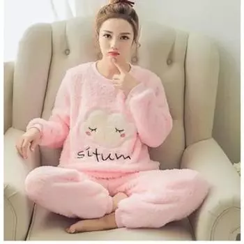 Теплая одежда для сна для зимы, женские зимние утолщенные коралловые бархатные мультяшные корейские версии с длинным рукавом, длинные брюки для студентов L