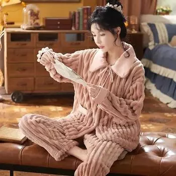 Теплая одежда для сна на зиму, фланелевый кардиган, домашняя одежда для студентов, осенне-зимняя утепленная одежда, можно носить на улице M розовый