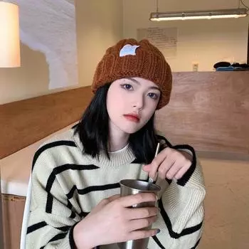 Теплая однотонная шерстяная шапка с полосками и надписями, вязаная шапка для женщин, шапки в корейском стиле