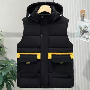 Теплая парка без рукавов, мужской жилет, модное мужское пальто больших размеров с капюшоном, повседневная толстая зимняя мужская жилетка на молнии L чёрный