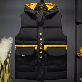 Теплая парка без рукавов, мужской жилет, новая мода, мужское пальто больших размеров, повседневное пальто с капюшоном на молнии, толстый зимний мужской жилет L чёрный