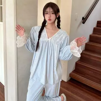Теплая пижама из 2 предметов, женская милая кружевная пижама, мягкий островной бархатный плюшевый ночной костюм, милая домашняя одежда в стиле принцессы, одежда для сна M синий