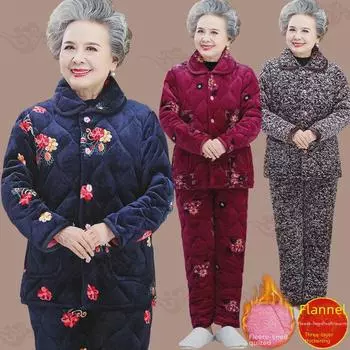 Теплая пижама из кораллового флиса для пожилых женщин - трехслойный зимний костюм 3XL (135-155 lbs)
