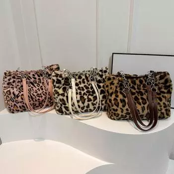 Теплая плюшевая сумка через плечо с леопардовым узором для путешествий, женская, большая вместимость, сумка-тоут с цепочным декором, винтажная мягкая сумка из искусственного меха с ручкой сверху 30x12.5x24.5cm белый