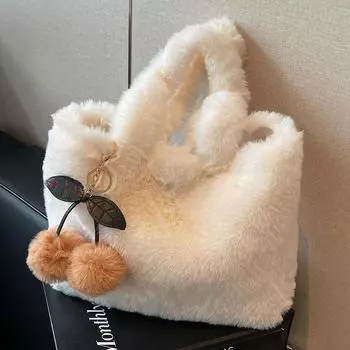 Теплая плюшевая сумка Huhu, пушистая сумка, переносная сумка-тоут, большая вместимость, пушистая сумка через плечо, сумка для студентов колледжа.