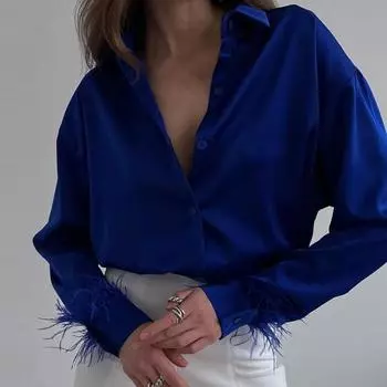 Теплая рубашка большого размера, цветная, свободная, с длинными однотонными рукавами, однобортная рубашка на пуговицах с отложным воротником L синий