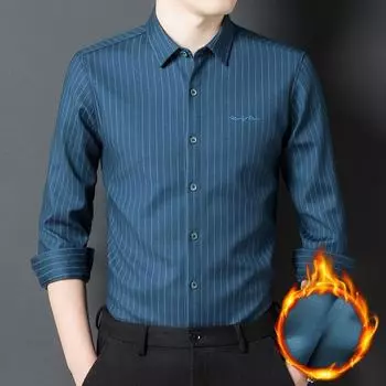 Теплая рубашка с длинными рукавами, мужская, новая зимняя, деловая, повседневная, утолщенная, теплая, в полоску, модная S зелёный