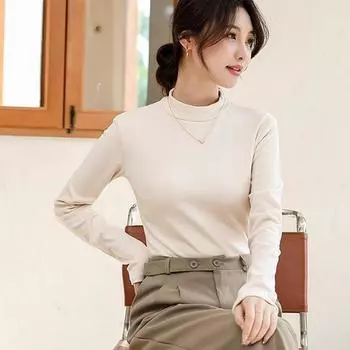 Теплая рубашка с толстым низом и полувысоким воротником, женская осенне-зимняя женская высокоэластичная футболка с длинными рукавами на внутренней стороне коленей M кофейный