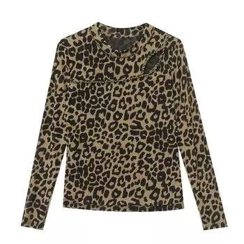 Теплая сетчатая футболка с леопардовым принтом для женщин с тонкой основой, зимняя новая круглая горловина с длинными рукавами и ажурным топом S