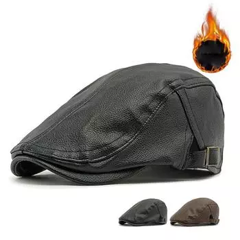 Теплая шапка для людей среднего и пожилого возраста, мужская осенне-зимняя берет, британская винтажная прогрессивная кепка, кожаная кепка чёрный