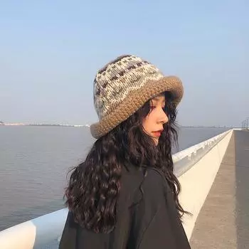 Теплая шапка рыбака ручной работы, японская, с закругленным краем, универсальная, вязаная женская, осенне-зимняя, из грубой пряжи, шапка-тазик 56-58CM чёрный