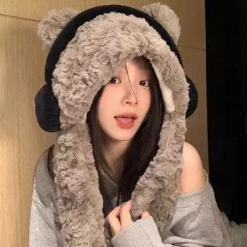 Теплая шапка с наушниками в виде щенка, милый плюшевый шарф с изображением медведя, мультяшный шарф на открытом воздухе Grey With A Face