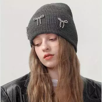 Теплая шапка с жемчужным бантом, шапки-бини, шерстяная шапка, вязаная шапка, модная вязаная шапка, теплая бежевый