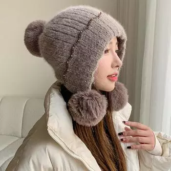 Теплая шерстяная вязаная шапка с защитой ушей для женщин, зимняя шерстяная шапка из кроличьей шерсти, устойчивая к холоду, с бархатной шапкой-пуловером для женщин one size белый