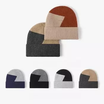 Теплая уличная шапка для мужчин с цветными блоками, защита ушей, толстая окружность головы, зимняя женская вязаная повседневная шапка Average size