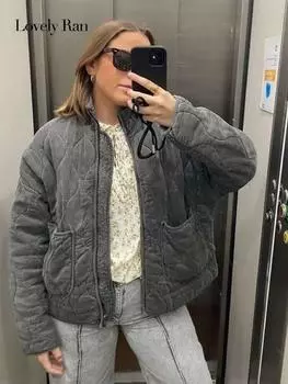 Теплая утепленная куртка-бомбер, женское осенне-зимнее пальто с длинными рукавами и карманами на молнии, женское однобортное уличное пальто Y2k, верхняя одежда XS серый