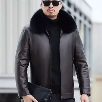Теплая утепленная куртка из натуральной кожи для мужчин среднего и пожилого возраста с воротником из лисьего меха, большой размер, куртка из натуральной кожи, пуховик M