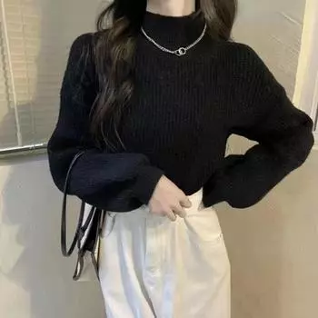 Теплая водолазка, мягкий свитер, однотонный базовый свитер с рукавами-фонариками, пуловер, повседневный свитер для женщин, осень-зима 2023 One Size бежевый