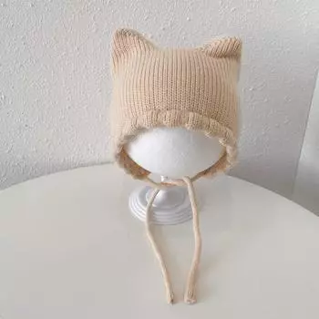 Теплая вязаная шапка, милый чепчик, модная шапка с наушниками бежевый