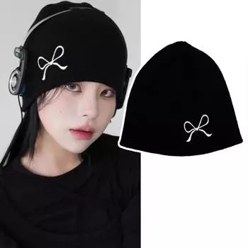 Теплая вышитая шапка с бантом, шерстяные шапочки, симпатичная вязаная шапка для девочек чёрный